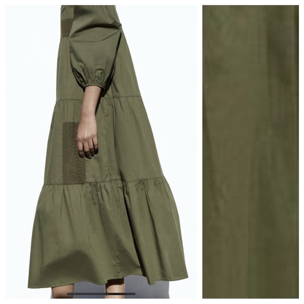 Zara Olive Patchwork V-Neck Tiered Midi Dress - Picture 7 of 16